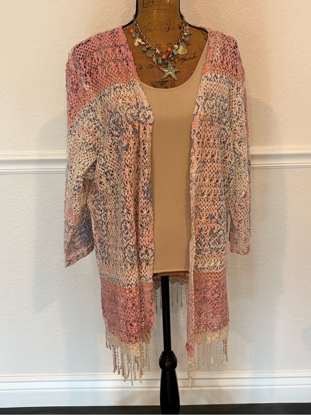 REBA Plus Size 3X Crocheted Lace Open Cardigan Fringed Pink Purple Cover Up